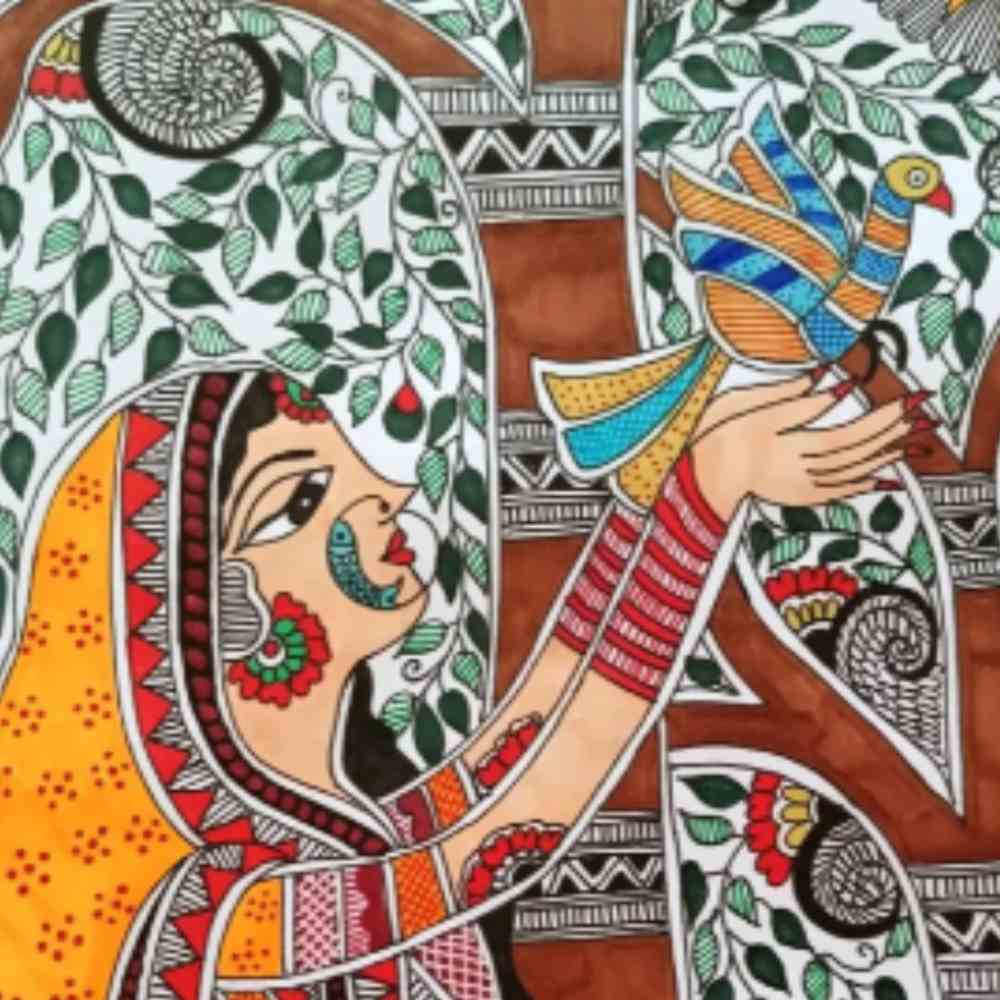 Tussar Saree with Madhubani Bride, Doli, and Kaahar Painting